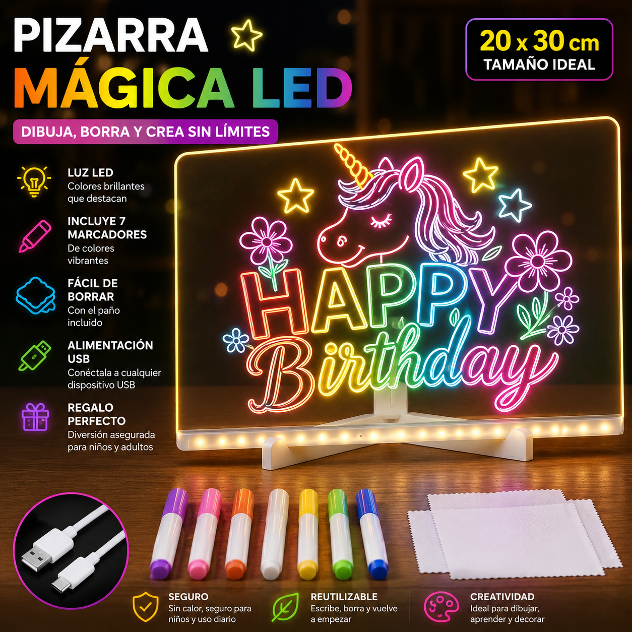 Pizarra Magica 20cm X 30cm Luz Led usb